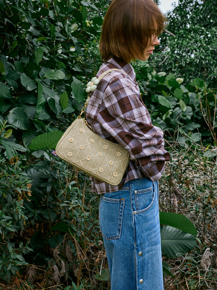 T&uacute;i đeo vai h&igrave;nh thang Philomena Raffia Flower, Pale Olive, hi-res