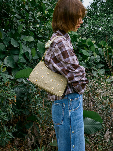 T&uacute;i đeo vai h&igrave;nh thang Philomena Raffia Flower, Pale Olive, hi-res