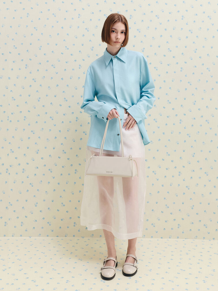 Hazel Bow Elongated Shoulder Bag, Cream, hi-res