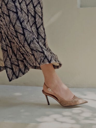 Glittered Mesh Pointed Slingback Pumps, Brown, hi-res