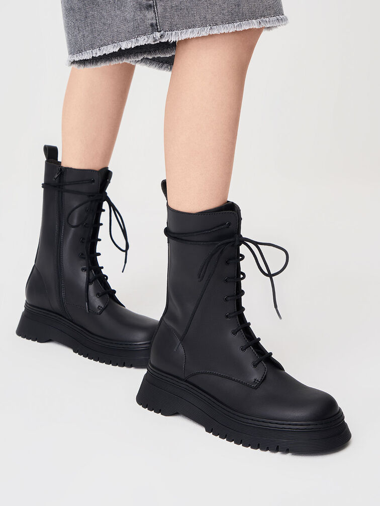 Giày boots nữ cổ cao thắt dây Chunky Platform, Đen, hi-res