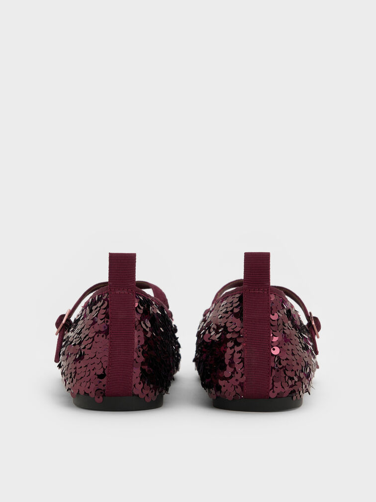 Giày búp bê đế bệt Sequinned, Đỏ burgundy, hi-res