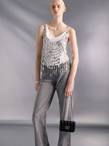 Patent Square-Quilted Chain-Handle Bag, Noir, hi-res