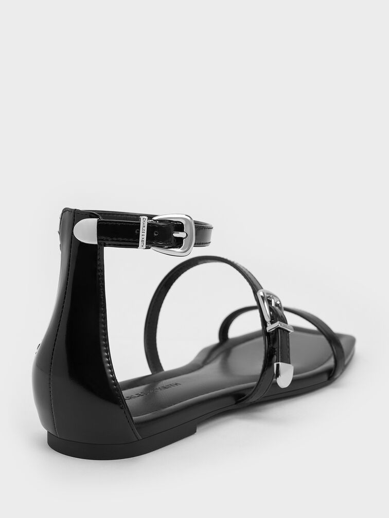 Giày sandals quai ngang Square-Toe Buckled Triple-Strap, Đen bóng nhám, hi-res