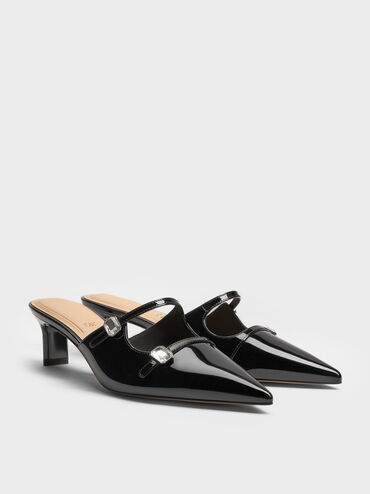 Patent Leather Gem-Buckle Pointed-Toe Heeled Mules, Black Patent, hi-res