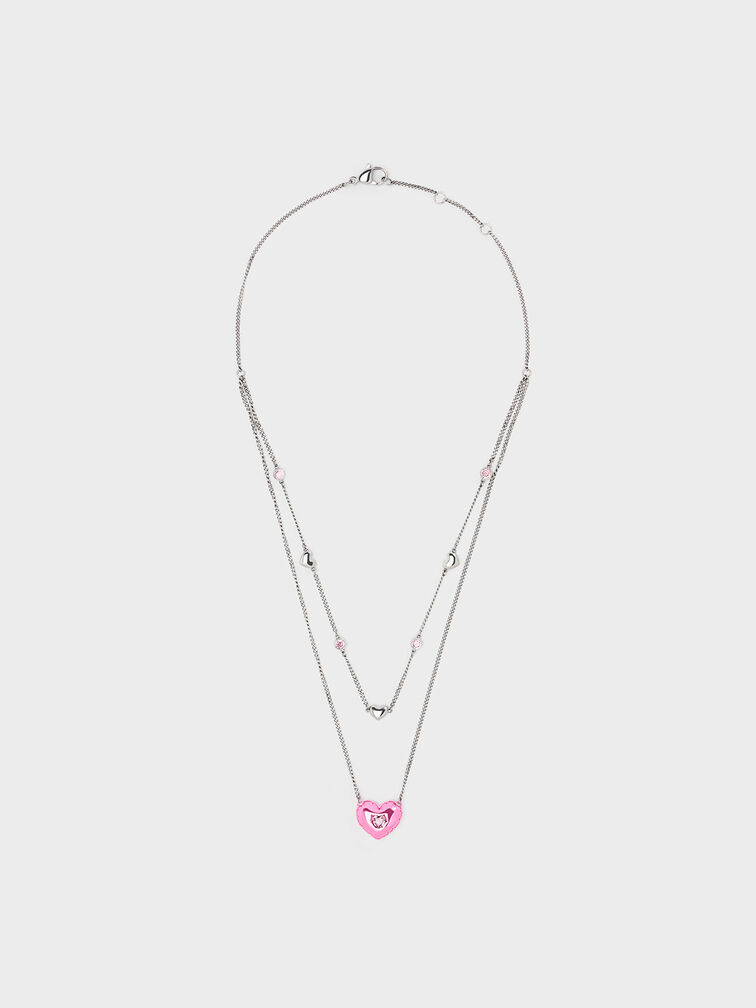 Bethania Heart Crystal Double Chain Necklace, Pink, hi-res