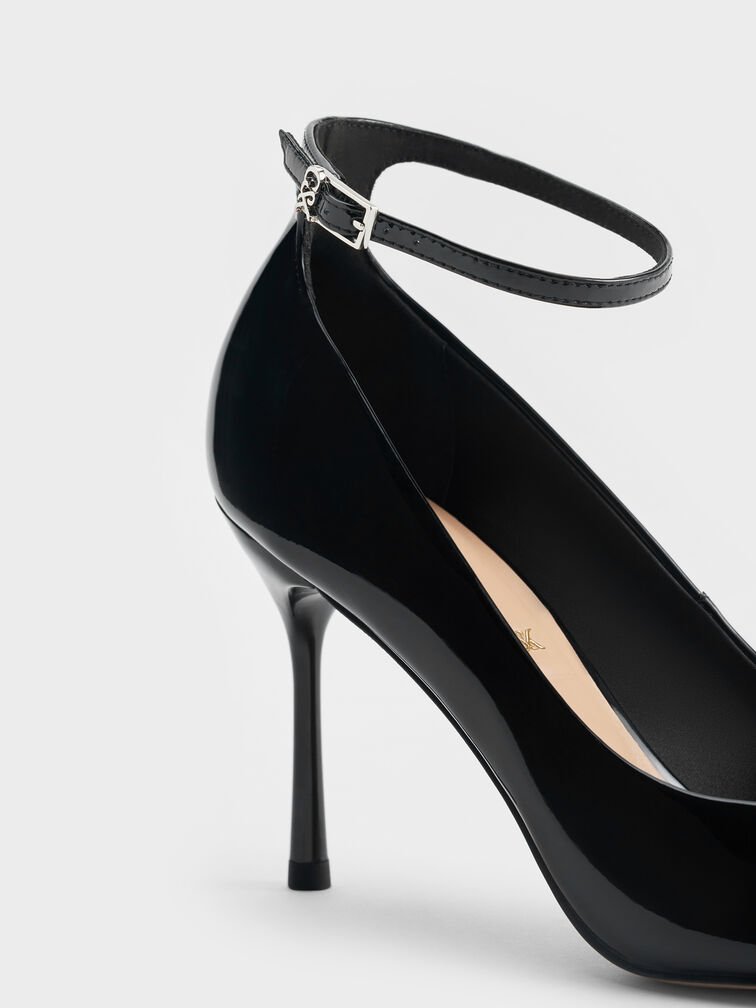Aretha Patent Leather Ankle-Strap Stiletto-Heel Pumps, Black Patent, hi-res