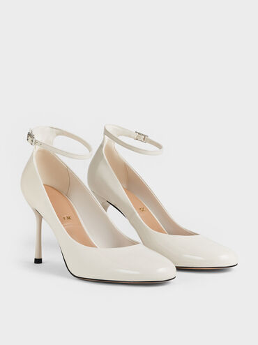 Aretha Patent Leather Ankle-Strap Stiletto-Heel Pumps, Chalk, hi-res