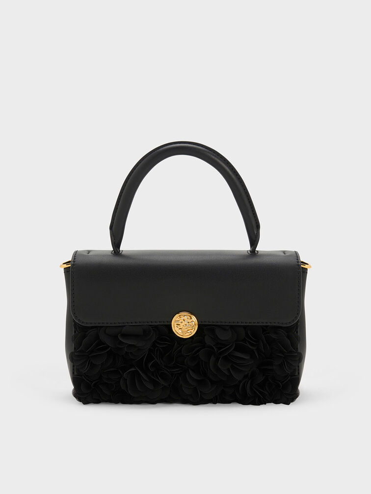 Floral Mesh Top Handle Bag, Black, hi-res