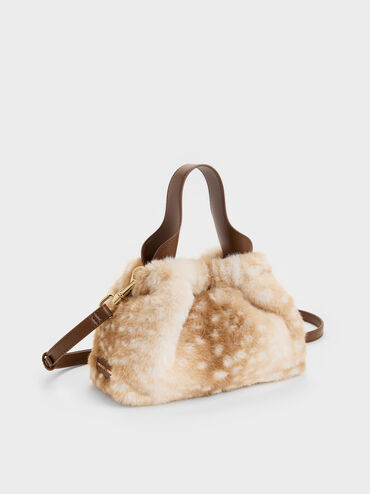 Ally Furry Deer-Print Top-Handle Bag, Animal Print Brown, hi-res