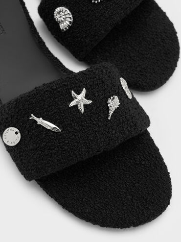 Tweed Beach Slide Sandals, Black Textured, hi-res