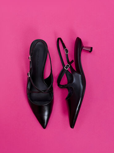 Pauline Pointed-Toe Crossover Slingback Kitten Heels, Black, hi-res