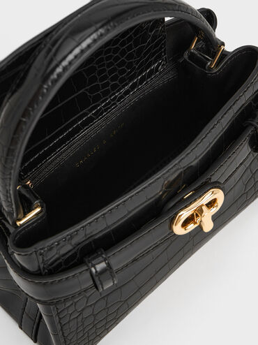 Túi xách hình thang Aubrielle Croc-Effect, Đen, hi-res