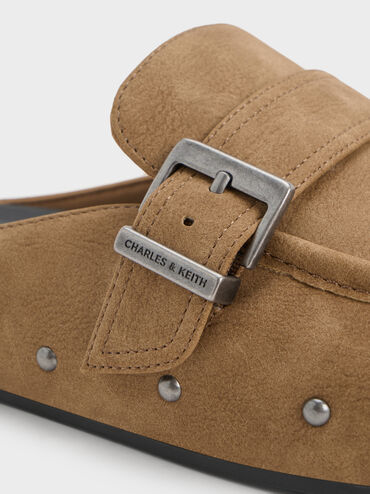 Studded Buckled Flat Mules, Sand, hi-res