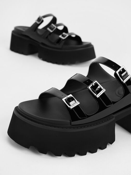 Giày sandals quai ngang Nadine Patent Triple-Strap Platform, Đen bóng, hi-res