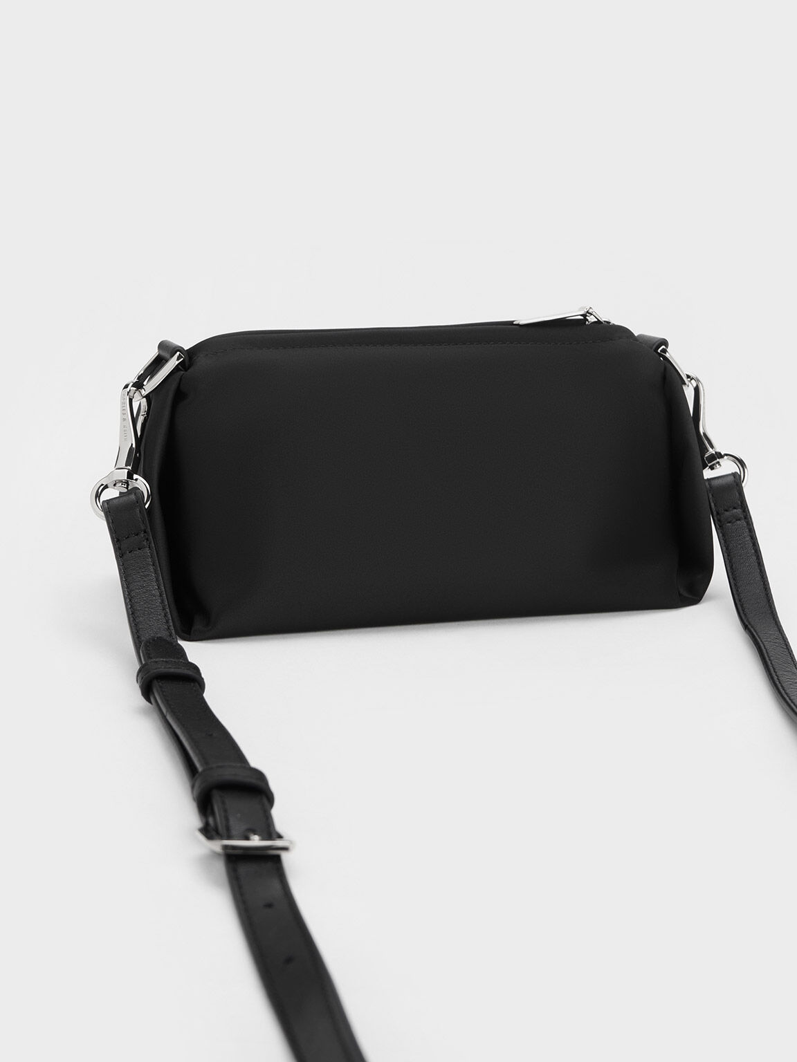 Embellished Chain Handle Satin Crossbody Bag, Black, hi-res