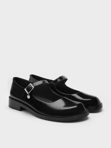 Circle-Charm Buckled Mary Janes, Black Boxed, hi-res