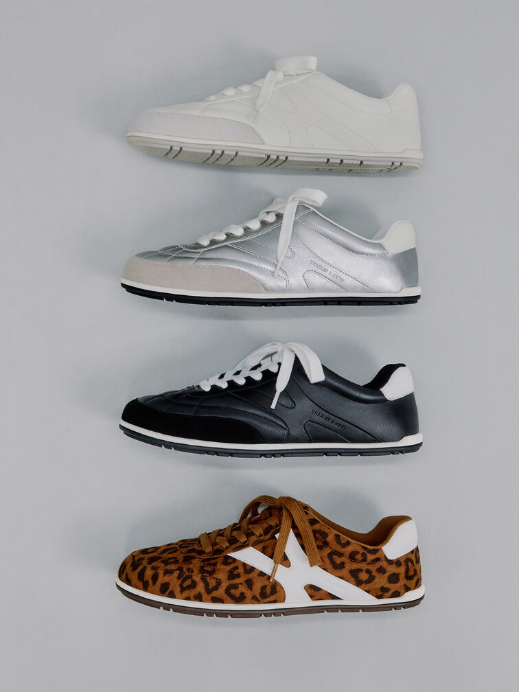 Faux Suede Two-Tone Low-Top Sneakers, White, hi-res