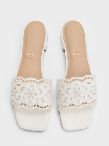 Leather Embroidered Slide Sandals, White, hi-res