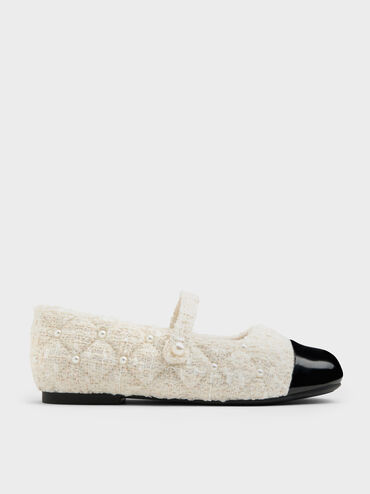 Girls' Tweed Pearl Mary Jane Flats, White, hi-res