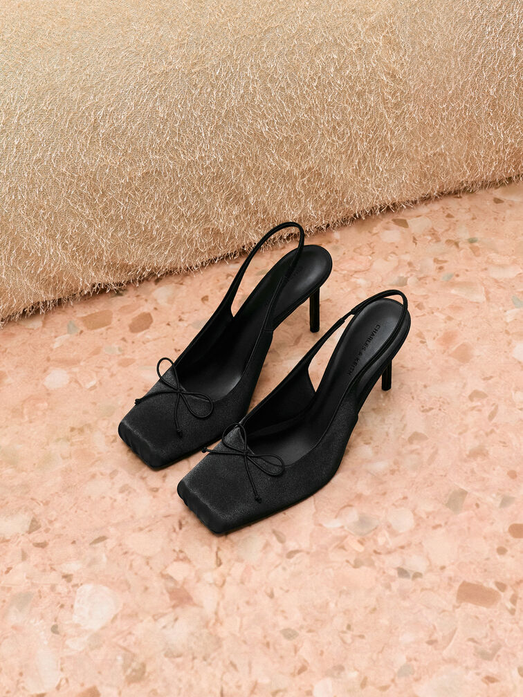 Satin Ruched Stiletto Slingback Pumps, Black Textured, hi-res