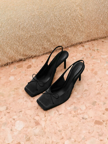 Satin Ruched Stiletto Slingback Pumps, Black Textured, hi-res