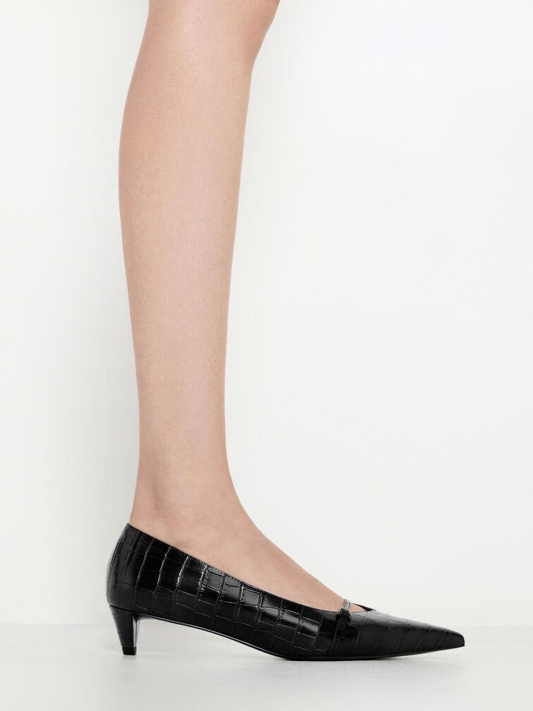 Gi&agrave;y cao g&oacute;t b&iacute;t mũi Croc-Effect Buckled Pointed-Toe, Hoạ tiết da b&aacute;o đen, hi-res