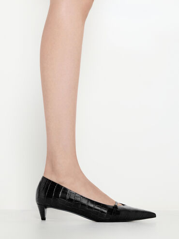 Gi&agrave;y cao g&oacute;t b&iacute;t mũi Croc-Effect Buckled Pointed-Toe, Hoạ tiết da b&aacute;o đen, hi-res