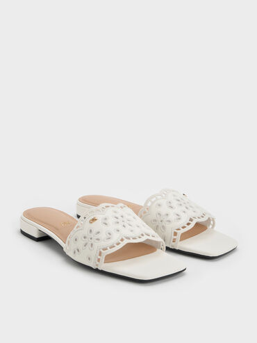 Leather Embroidered Slide Sandals, White, hi-res