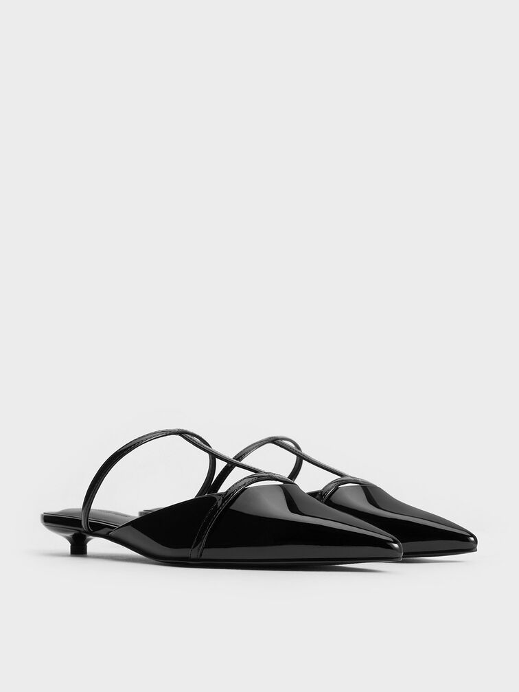 Gi&agrave;y mules mũi nhọn Clara T-Bar Pointed-Toe, Đen b&oacute;ng nh&aacute;m, hi-res