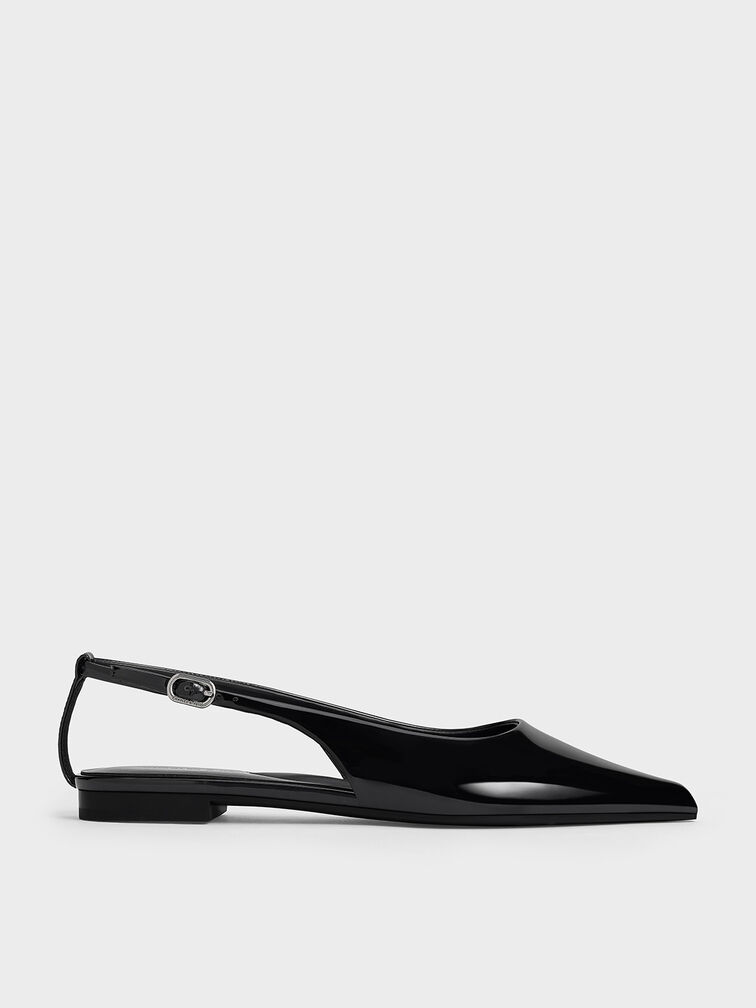 Patent Cut-Out Pointed-Toe Slingback Flats, Black Patent, hi-res