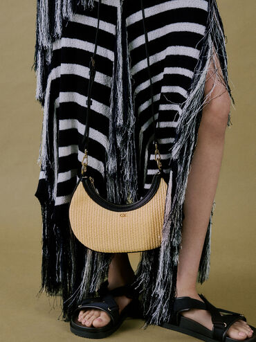 T&uacute;i đeo vai Leather & Raffia Crescent Hobo, Neutral Raffia, hi-res