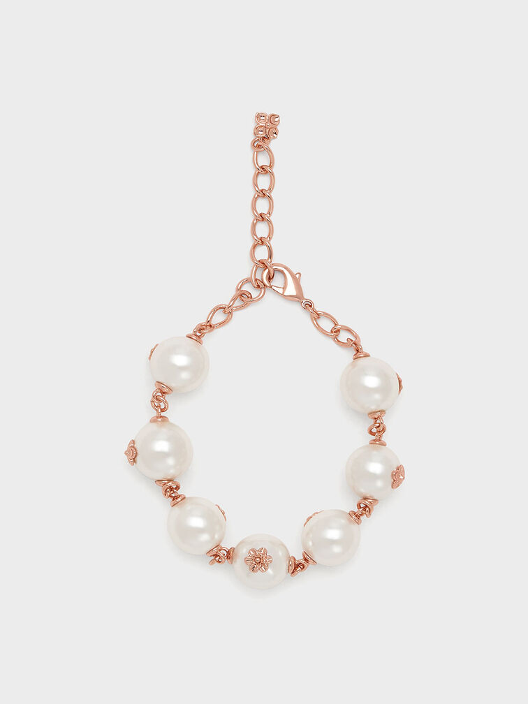 Flower-Embellished Pearl Bracelet, Rose Gold, hi-res