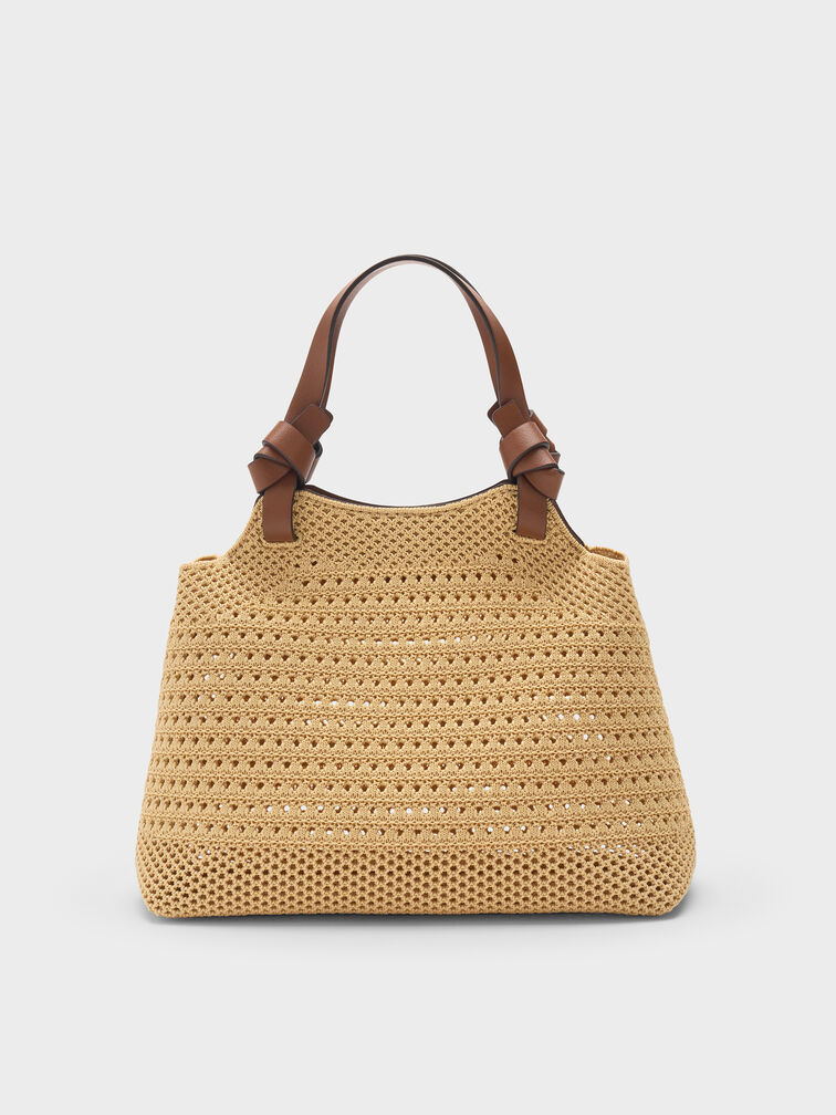T&uacute;i tote phom h&igrave;nh thang Ida Knotted Handle Knitted, Be, hi-res