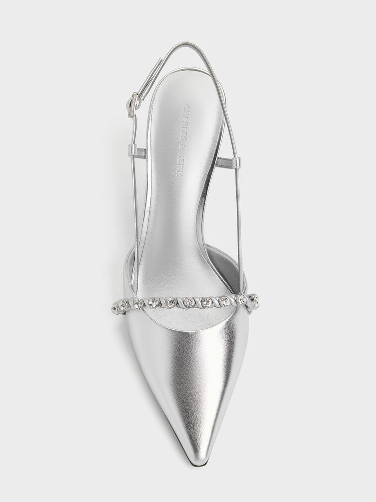 Metallic Crystal Slingback Pumps, Silver, hi-res