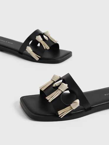 Fringe Detail Slide Sandals, Black, hi-res
