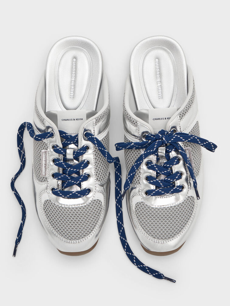 Metallic Mesh Patterned-Lace Slip-On Sneakers, Silver, hi-res