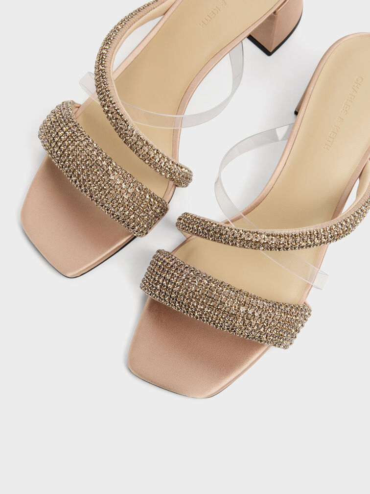 Glittered Crystal Clear-Strap Mules, Nude, hi-res
