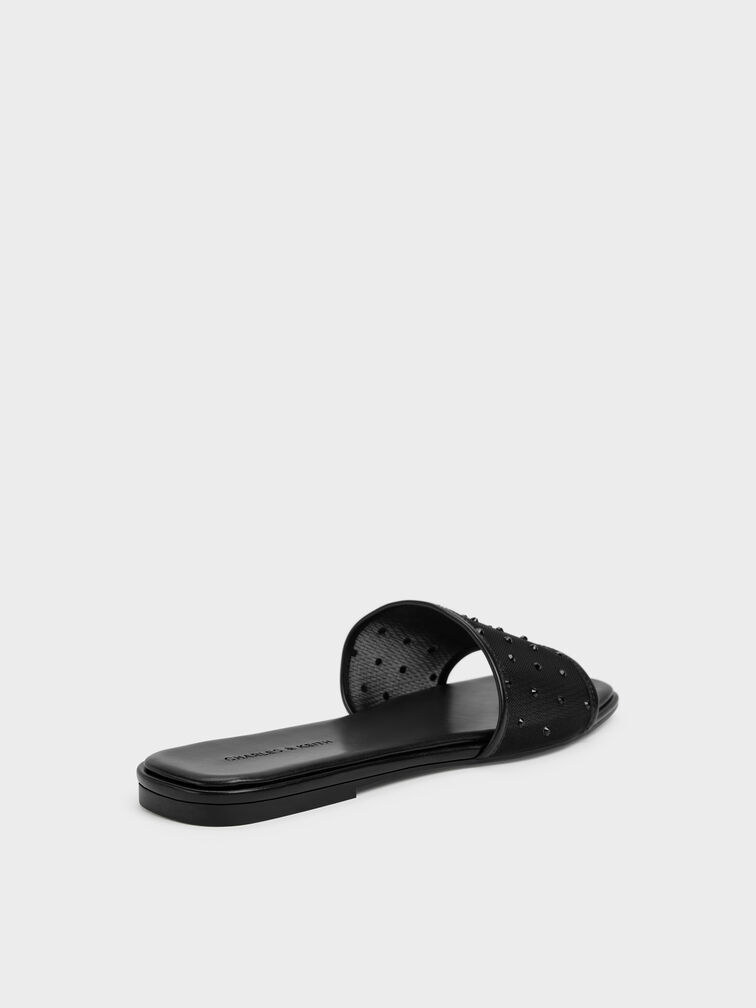 Mesh Crystal Slide Sandals, Black Textured, hi-res