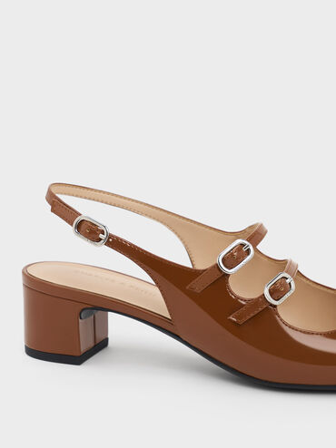 Double-Strap Slingback Mary Jane Pumps, Brown, hi-res