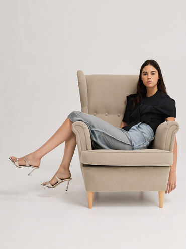 Pearlescent Leather Gem-Buckle Double-Strap Heeled Sandals, Ivory, hi-res