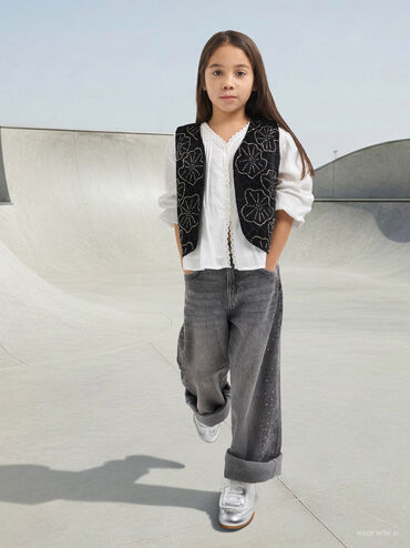 Girls' Metallic Lace-Trim Sneakers, Silver, hi-res