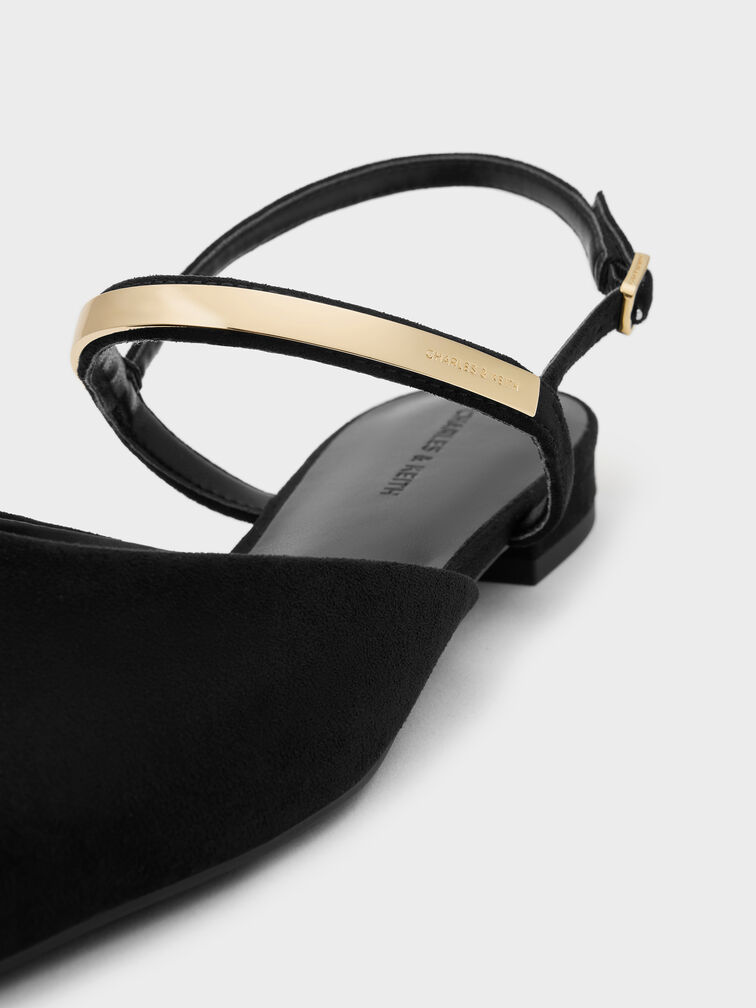 Faux Suede Metallic-Accent Square-Toe Slingback Flats, Black Textured, hi-res