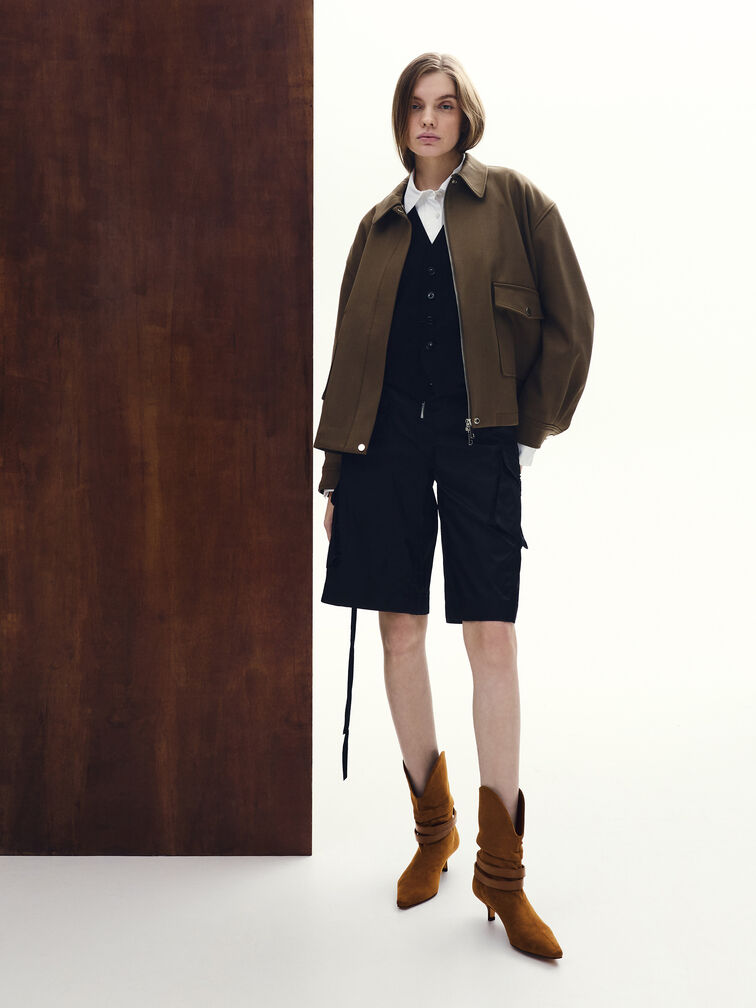 Karter Faux Suede Pointed-Toe Ruched Buckled Kitten-Heel Boots, Cognac, hi-res