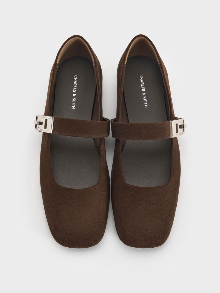 Lando Faux Suede Metallic-Buckle Mary Jane Flats, Dark Brown Textured, hi-res