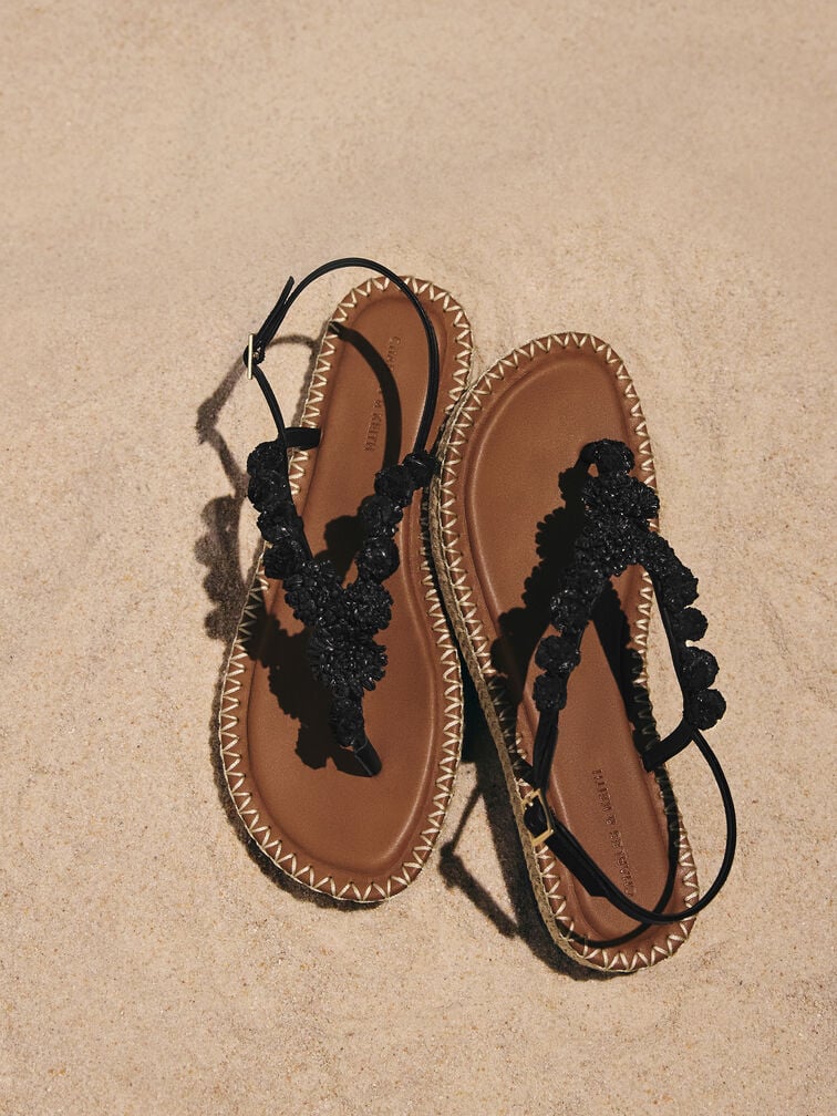 Gi&agrave;y sandals đế bệt Flower, Đen, hi-res