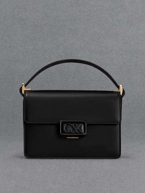 Leather Boxy Bag, Black, hi-res