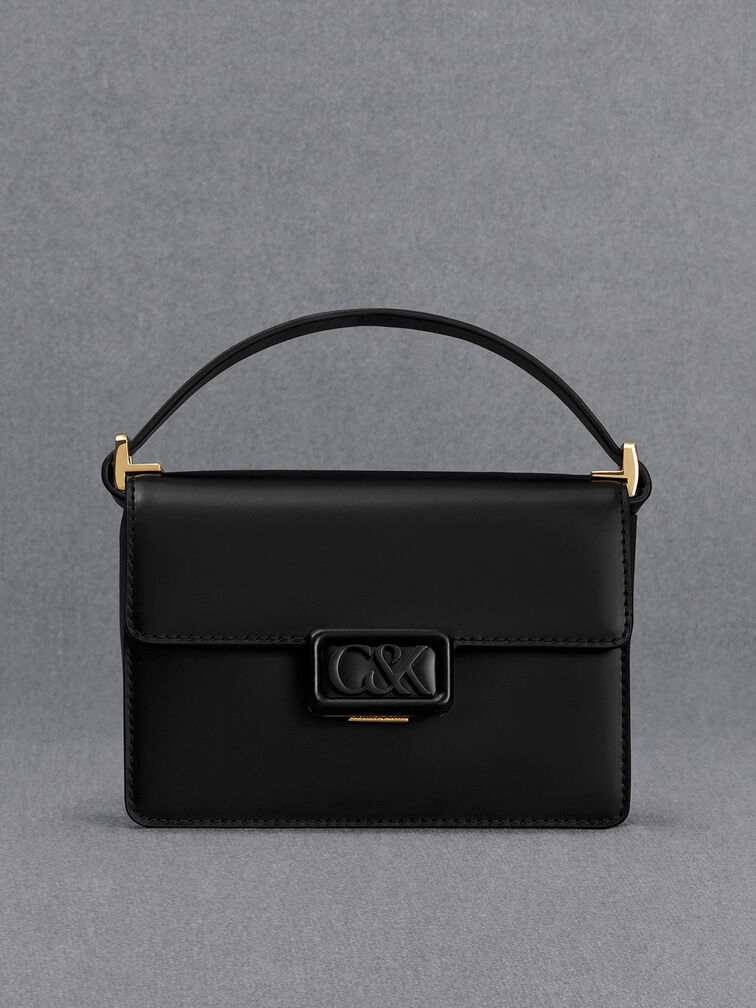 Túi đeo vai phom chữ nhật Leather Boxy, Đen, hi-res