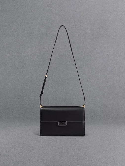 Túi đeo vai phom chữ nhật Leather, Đen, hi-res