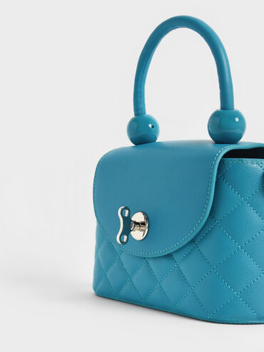 Round Quilted Top Handle Bag, Cerulean, hi-res